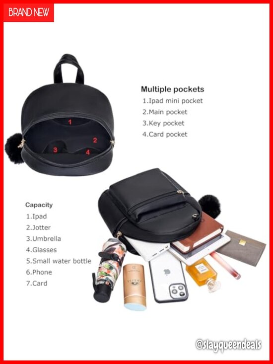 Mini PU Backpack with D-Ring & Removable Fluffy Ball Charm for Women Teens